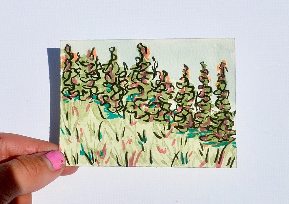 ACEO Original Art Card Mixed Media Tree On Hill Painting Abstract Watercolor