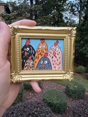 Funny Hens cute,original,miniature Painting,small,mini,framed