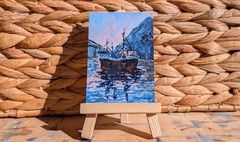 ACEO Print, Fishing Trawler Boat Mountain Ocean Harbor Sunrise, 3″ x 5″