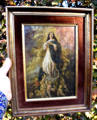 Antique oil on panel painting Our lady of ascension cherub angels religious
