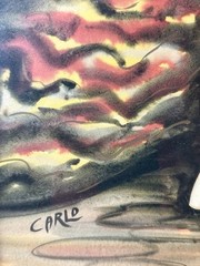 Rare Carlo of Hollywood Asian Man Atomic Watercolor Mid Century Art Hand Painted