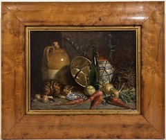19th c. British Oil Painting CAT IN PANTRY Joseph Kennedy BIRDSEYE MAPLE FRAME