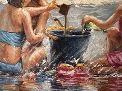 Original Oil Painting by Xiao Children at Beach Seascape 16×12 Signed Artwork