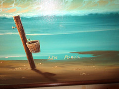 VINTAGE OIL PAINTING ON CANVAS 42 x 30 in SUNSET ON BEACH BY BEN POWEN -L 188 D