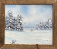 Vintage Winter Landscape Oil Painting Signed S. Freeman Rustic Wood Frame