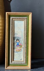 Vintage Big Eyes Miniature Painting Wood Panel Signed EVA Velvet Gilt Frame MCM