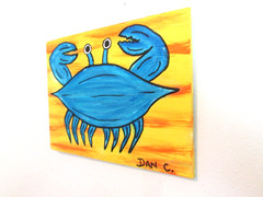 Outsider folk Art Original Painting on wood Seafood Maryland Blue Crab Dan C