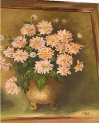 Vintage Floral Still Life Oil Painting Signed Buchanan Pink Chrysanthemums-canva