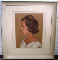 Vintage 1950s Pastel Painting Portrait of Young Woman