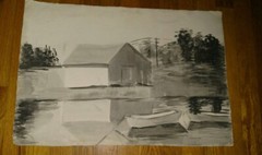 Vintage circa 1930/40s barn lake watercolor unsigned mystery artist
