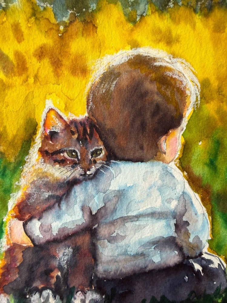 Boy With a Kitten Painting Boy Original Watercolor Art Cat Wall Art Kitten Art