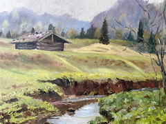 Oil Painting Spring Voralpen Meadows Alm Hut Bach River Shore Antique Mountains
