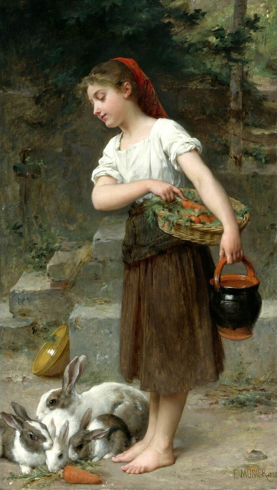 Girl Feeding the Rabbits Oil Painting Giclee Printed on Canvas P1975