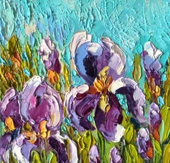 Flower Oil Painting Original Art Impasto Artwork Irisies on Canvas 20x20cm