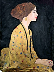 Original Acrylic on Canvas Portret of Beautiful Lady in Golden Dress. Signed
