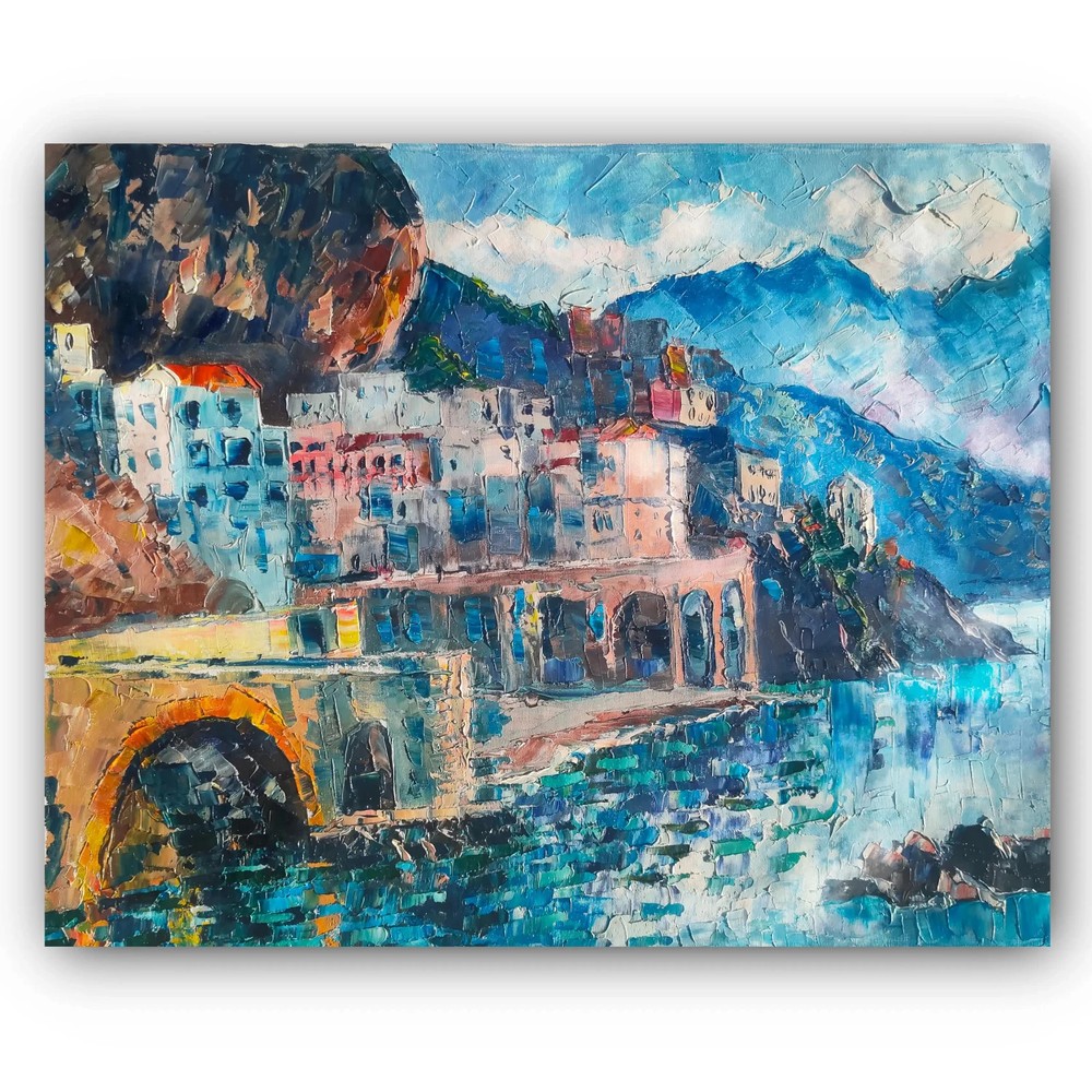 Amalfi coast Italian view Oil art Original painting Balcony view Italian cafe