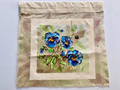 13.5 x 13″ LOVELY BLUE HAND-PAINTED PANSIES ON CANVAS FOR WALL-HANGING OR FRAME