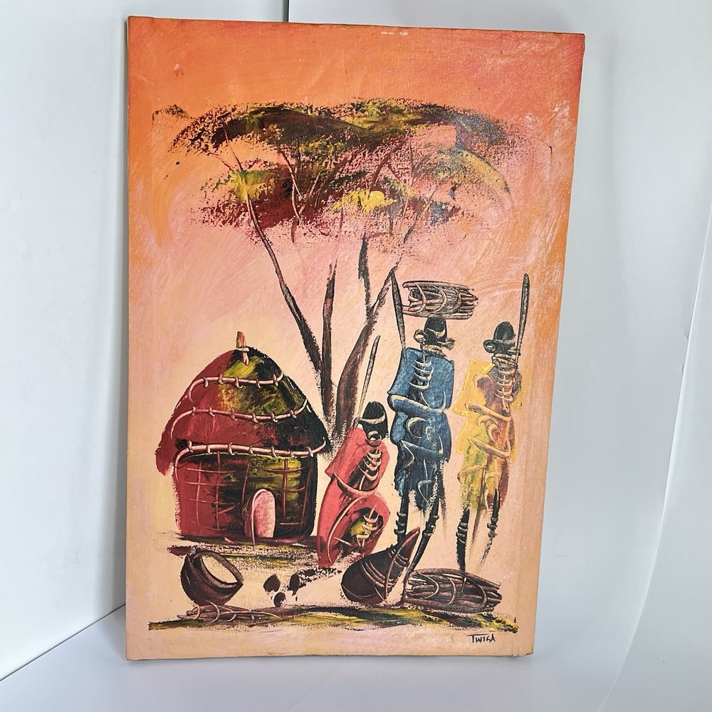 Kenyan Africa Culture Painting On Canvas Signed Twiga Villagers Hut 14.5×21.5 In