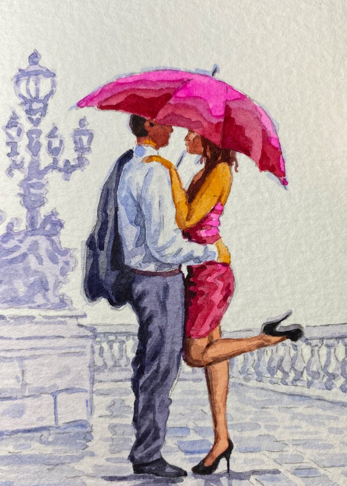 Watercolor Painting Couple Woman Man Umbrella Love Rain ACEO Art No.178