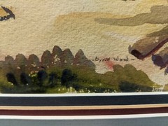 Original Byron Ward Watercolor Painting Fishing Community & Working on Boat