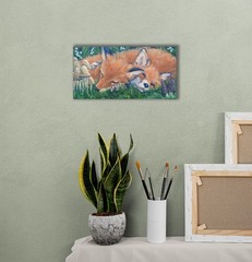 Sleeping Fox Cubs Original Oil Painting Fox and Mushroom Canvas Art 8×20″