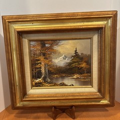 VINTAGE OIL PAINTING ON CANVAS FRAMED MOUNTAIN LANDSCAPE FALL Signed 17.5×15.5”