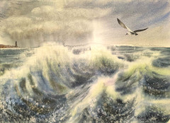 BIRDS CLOUDY SKY SEA WAVES Original Artwork Painting Landscape Gift Seascape A3