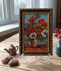 Poppy Original Oil Painting 4×6 Framed Signed Red Floral Still Life Bouquet Art