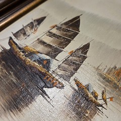 P. Wong Chinese Fishing Junk Boats Oil on Canvas Painting Nautical Brass Frame