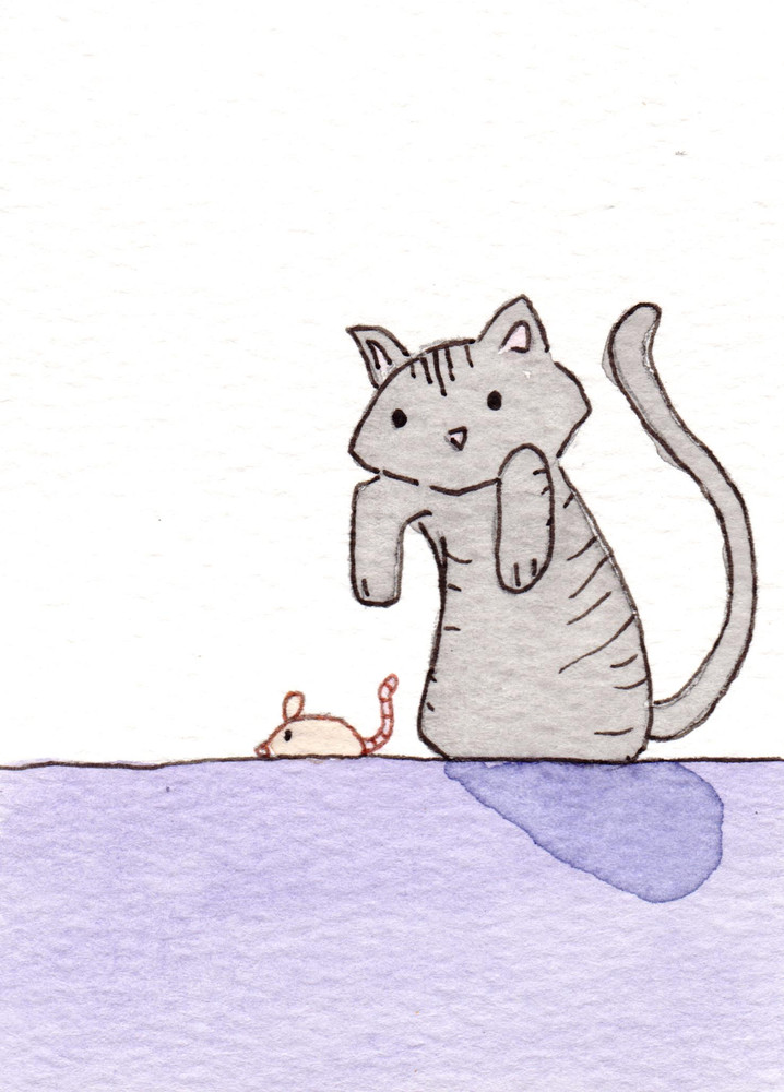 ACEO Watercolor Art Card – Black Cat with a Mouse 2.5×3.5
