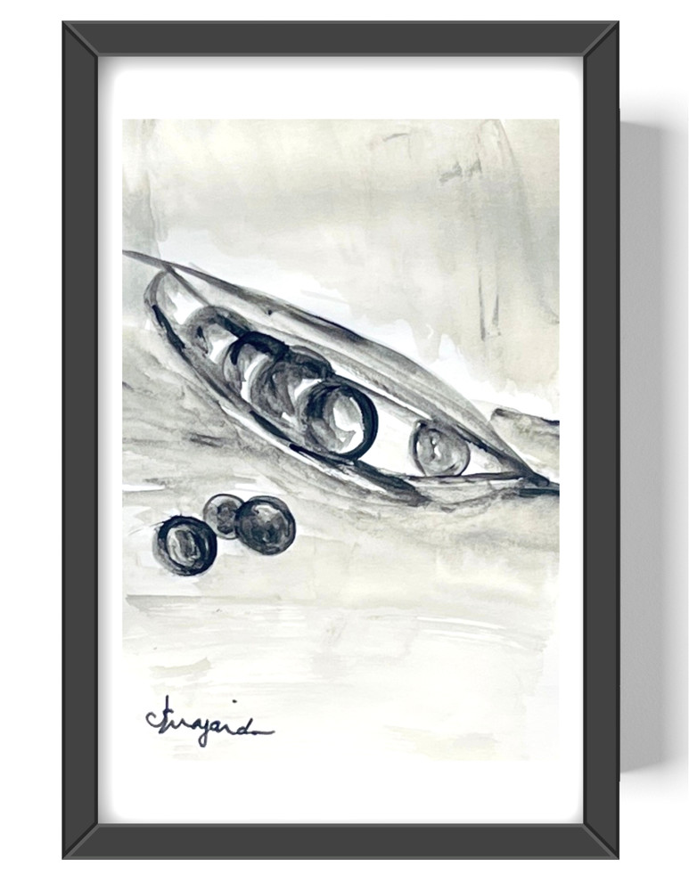 Guajardo Art: Sweet Peas Still Life 9X6 Original Paper Signed Realism Sumi-e
