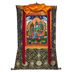Silk Brocade Mounted Green Tara Thangka Painting, Tibetan Wall Decoration Art