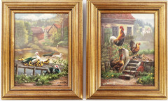 Gerhard Bluhm 2× Oil Painting “At the Duck Pond” & “In the Chicken Coop” – Signed