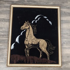 VTG Black Velvet Painting Horse on Cliff Kitsch Pro Framed Wall Art 21.5×25.5