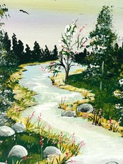 Original Oil Painting River or Stream Scene Landscape Floral Trees 12×9 Unframed