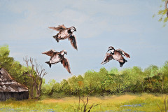 Texas Hill Country Oil Painting Landscape River Ducks Birds Cabin Creek Vintage