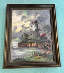 Framed Dutch Windmill Landscape Oil Painting River Cottage Unknown Artist Bently