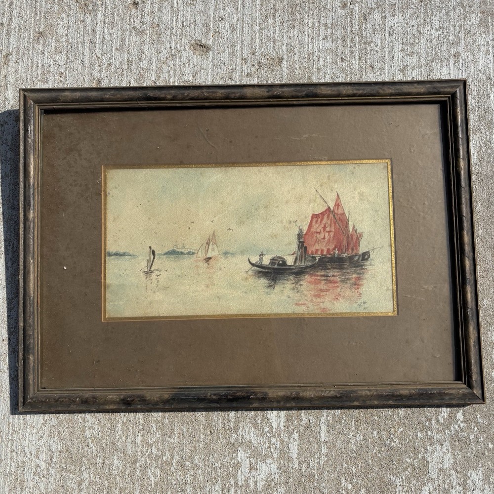 Antique Painting Maritime Nautical 1901 SIGNED Watercolor Wall Art 22×16 Framed
