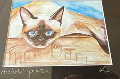 Watercolor Siamese Cat “Alcohol You Later” Painting Wall Art Signed 15×12 Framed