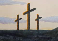 Original Watercolor Painting 3 Crosses Calvary Hill Christian Religious Art 10×7