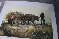 2 Paintings on Canvas of Animal Drawn Carts People Working – Unsigned