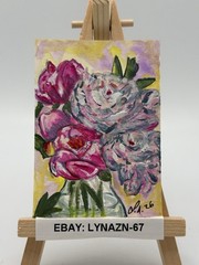 ACEO Original Botanical Painting Peonies 2.5×3.5 In Art Card Lynazn-67 Signed