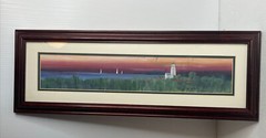 Liz McMahon Signed Watercolor Painting Lake Lighthouse Sunset Sailboats Framed