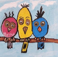 FOLK ART ORIGINAL PAINTING 3×3 MINIATURE WHIMSICAL BIRDS COTTAGECORE ART