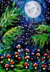 ACEO Original Painting MUSHROOMS Moon STARS Ferns Universe Galaxy Forest ATC ART