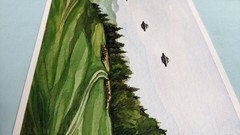 Original UFO Watercolor Painting 5×7, Sci-Fi Landscape Art, Flying Saucer