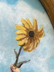 Folk Art Oil Painting Man Monk Holding Flower Cat Dog Religious Charleston SC