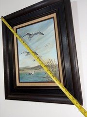 Vintage Seagull Coastal Landscape Painting – Signed Canvas – Rustic Nautical Art