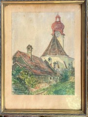 WATERCOLOR VILLAGE CHURCH CLOCK TOWER OVER ROOFS WITH COUNTRY HOUSE AND GARDEN