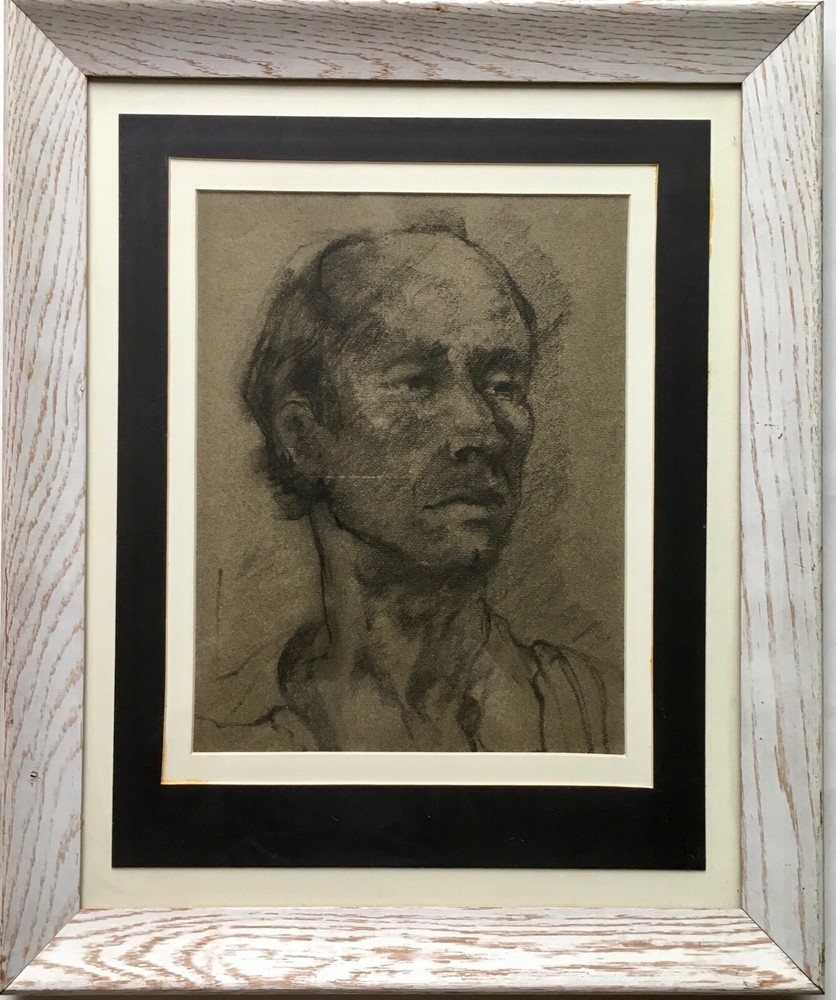 Modernist 1970s Original Susan Amster NYC Minimalist Charcoal Portrait Painting